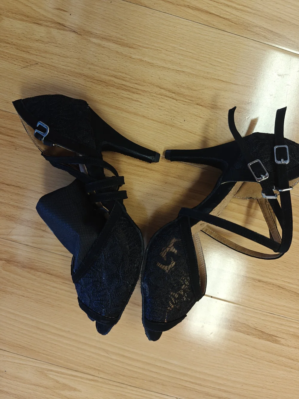 Black Lace Peep-Toe Strappy Dance Heels